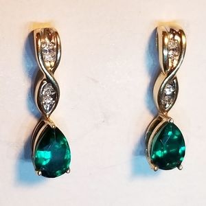 Real 10K Yellow Gold Emerald & Diamond Earrings